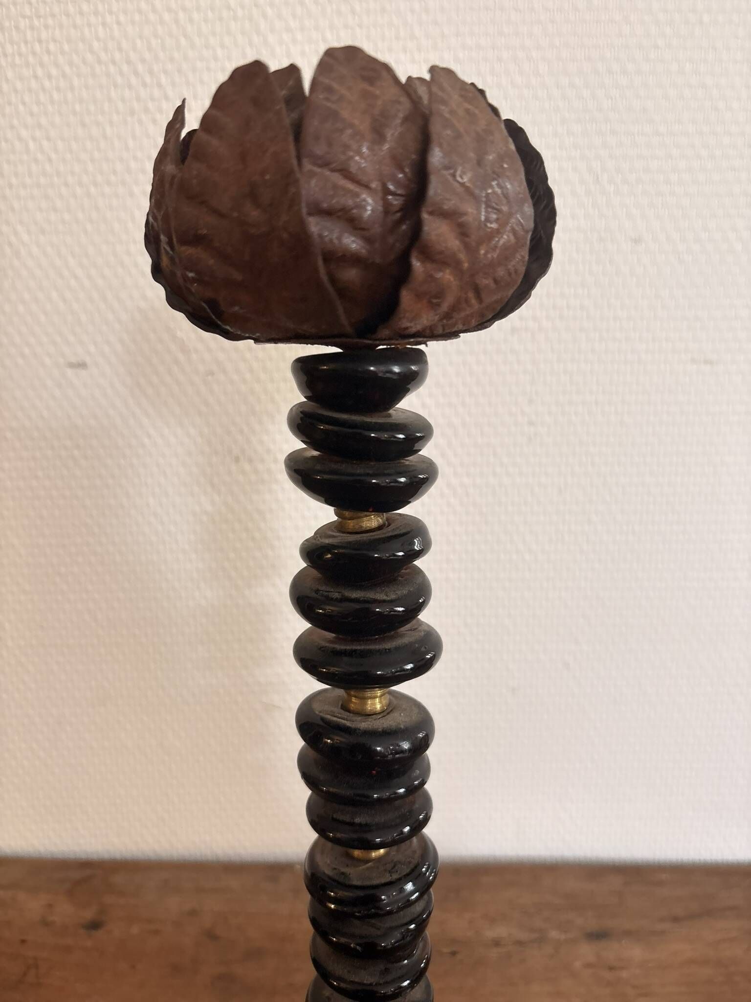 Lotus Pearl Candle Holder Vintage Brutalist Ethnic Metal
