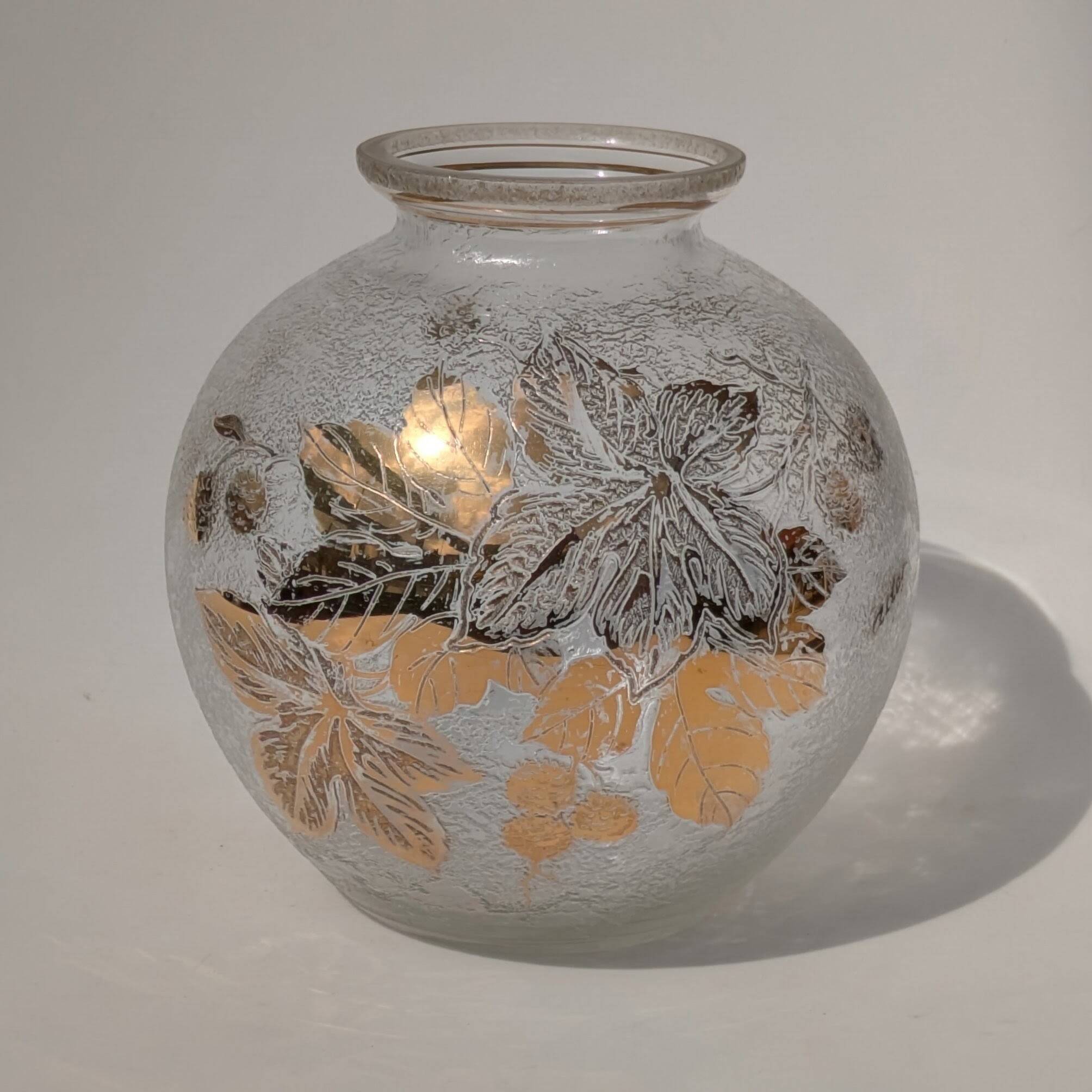 Frosted Glass Ball Vase with Golden Botanical Decoration — Signed Adat — Circa 1950