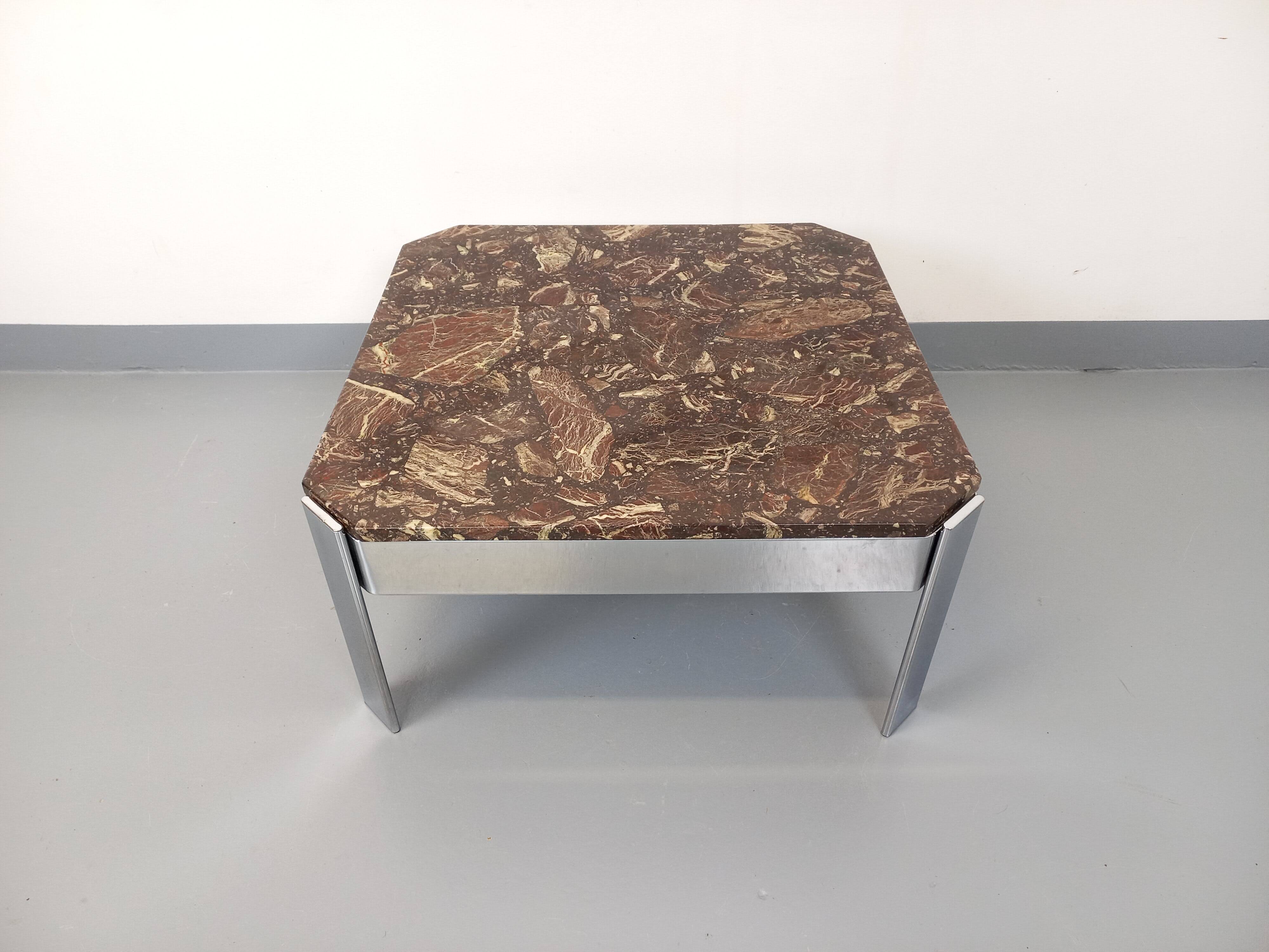Vintage square coffee table in marble and chrome metal from the 70s