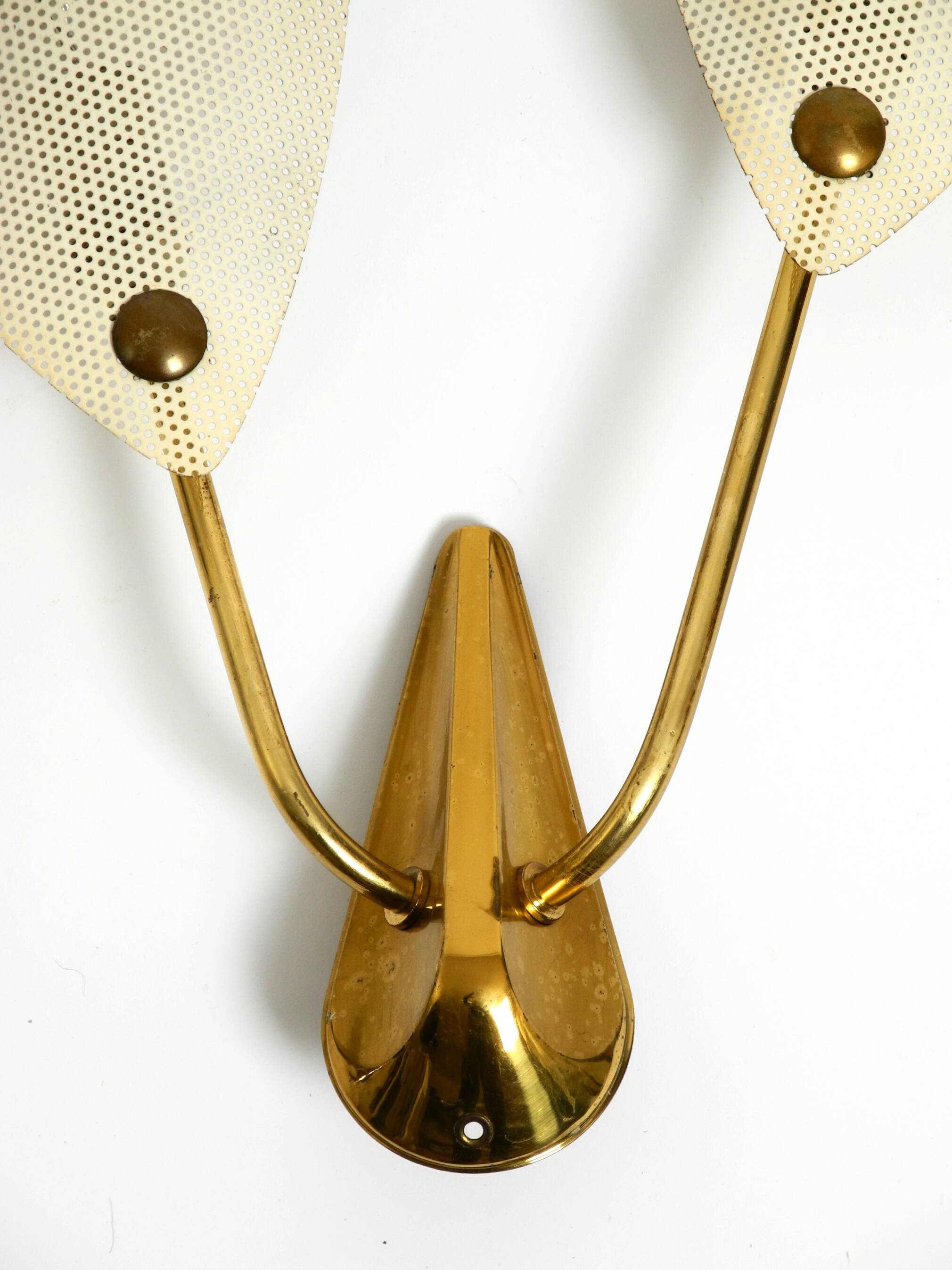 Mid Century Modern brass wall lamp with perforated metal sheet lampshades