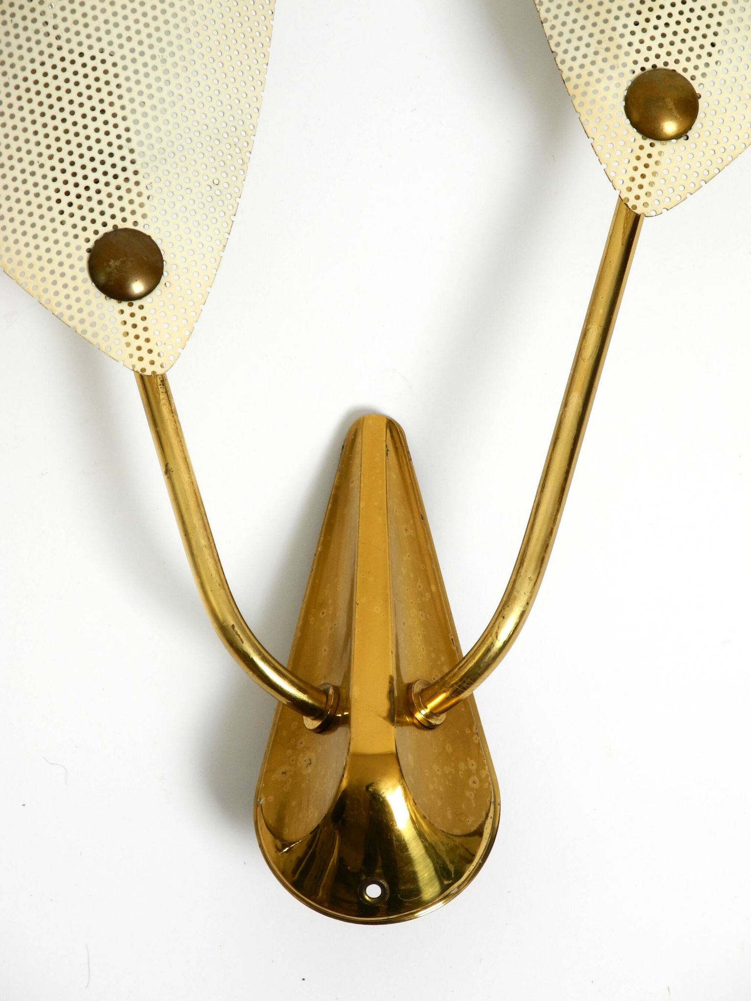 Mid Century Modern brass wall lamp with perforated metal sheet lampshades