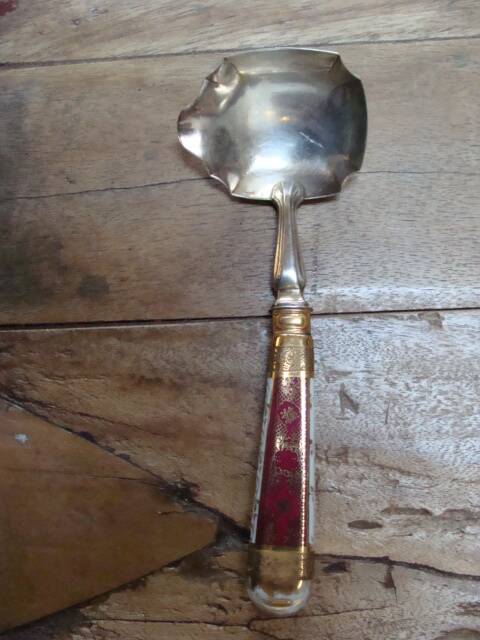 Art Deco silver and porcelain fruit ladle