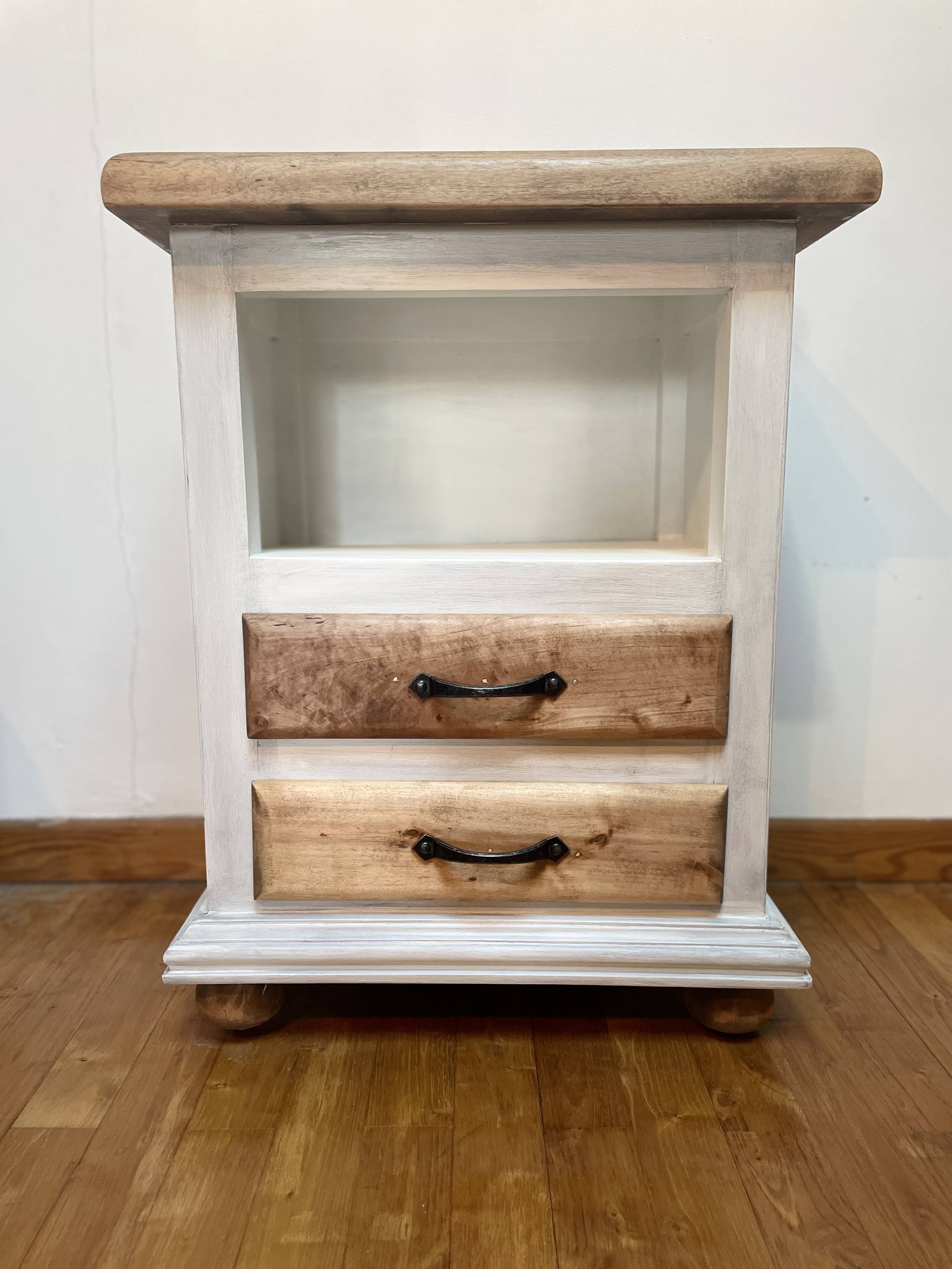 Bedside table with 2 drawers in patinated oak