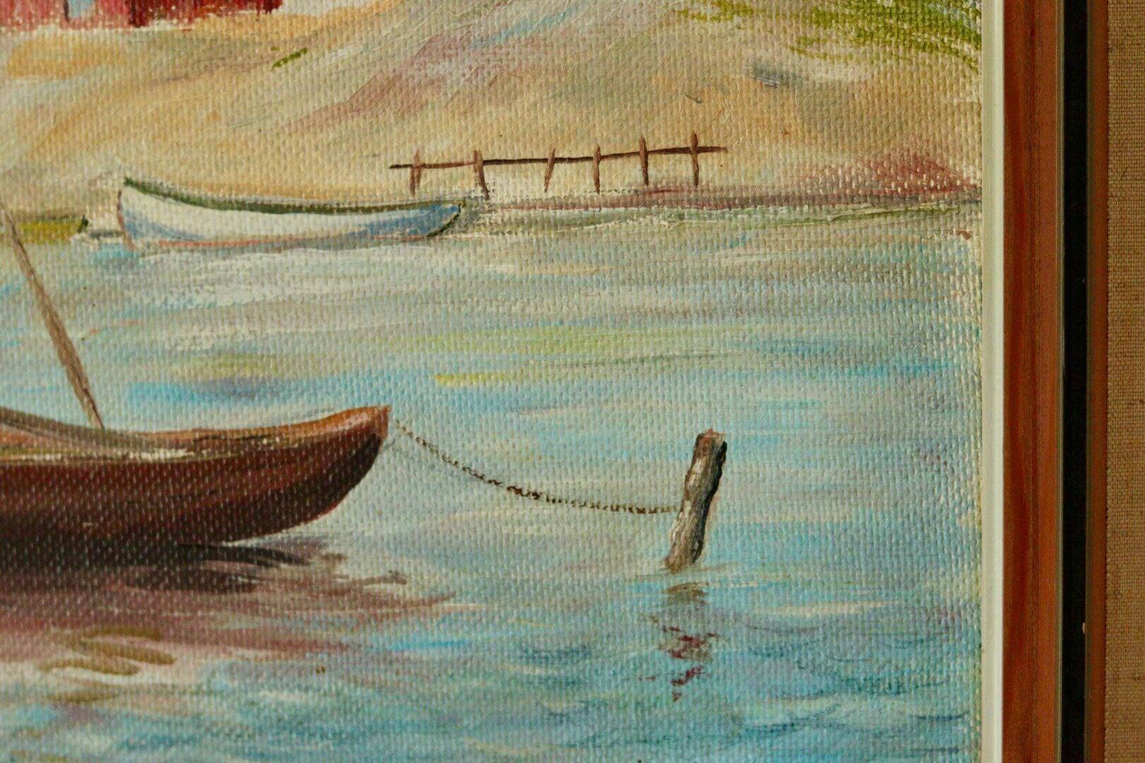 Peinture sur panneau vintage – « Motif bateau et maison »