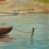 Peinture sur panneau vintage – « Motif bateau et maison »