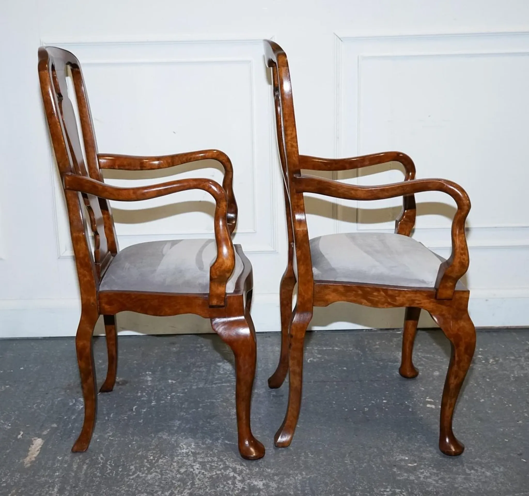 Art Deco Queen Anne Style Armchairs in Walnut Burl, 1920s, Set of 2