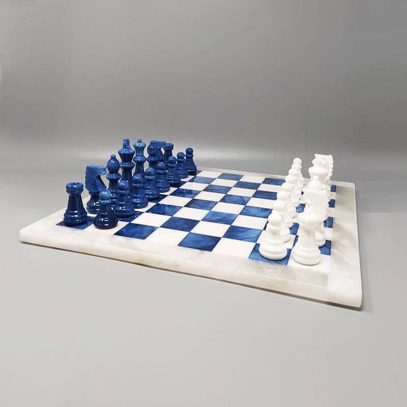Vintage 1970s Italian Volterra Alabaster Chess Set - Cobalt Blue & White
