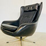 Vintage Danish mid-century black leather swivel chair, 1970s