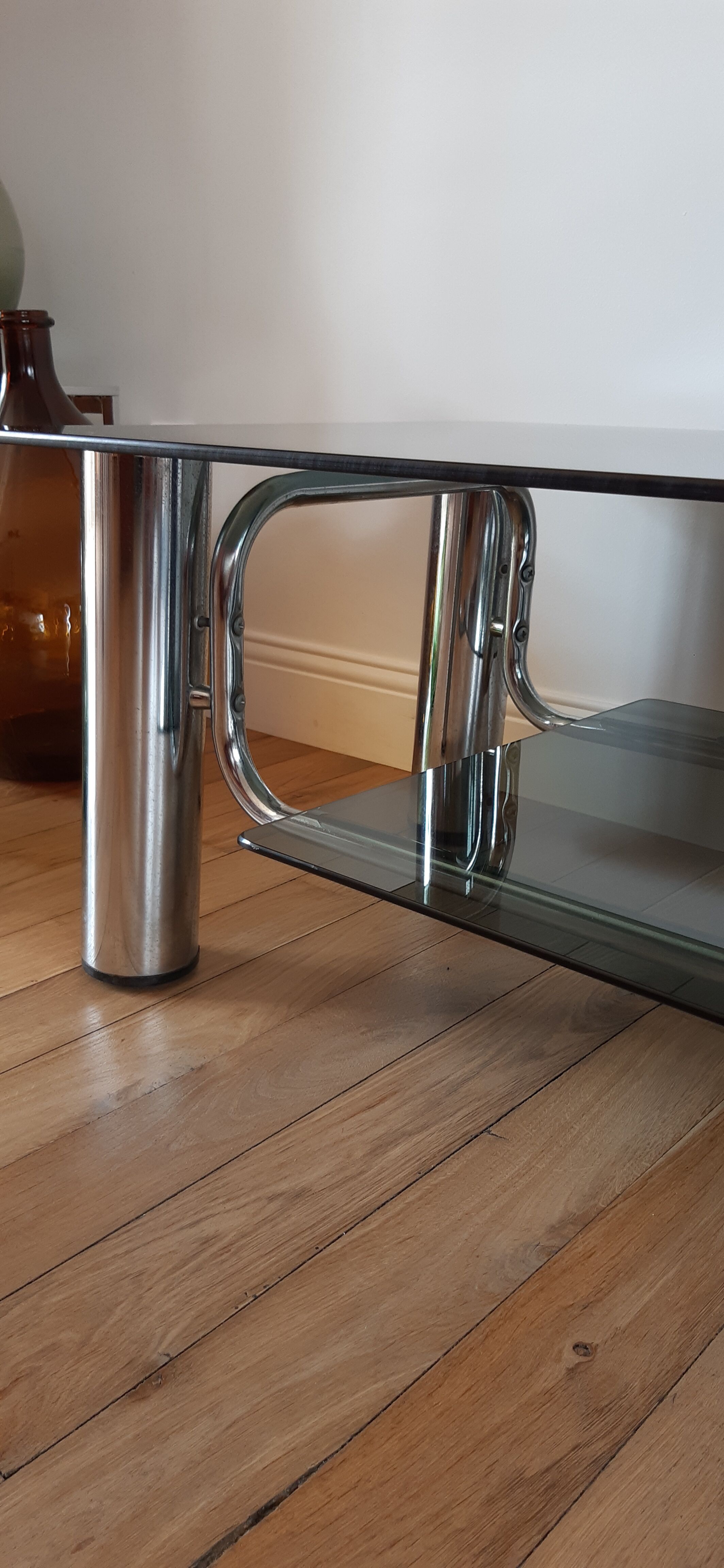 Smoked glass coffee table and chrome legs 70s