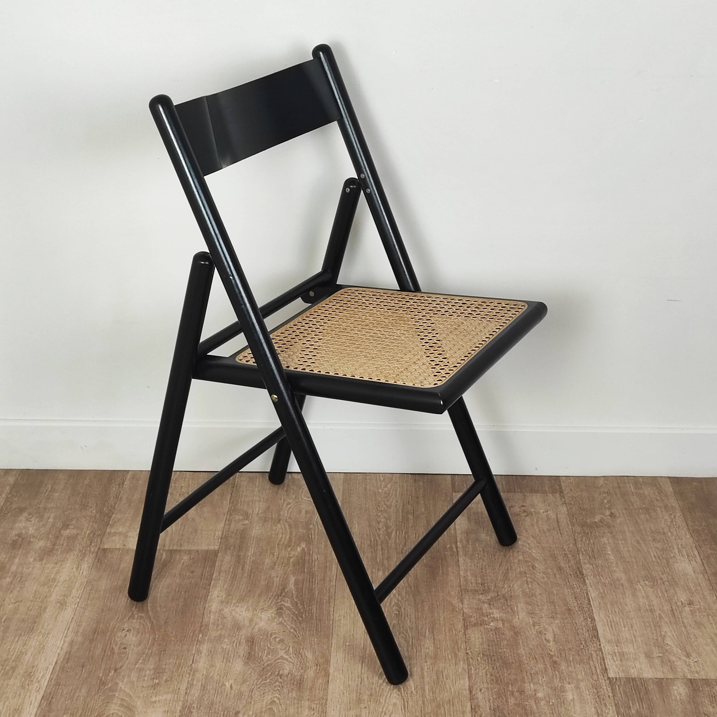 Pair of wooden and rattan folding chairs