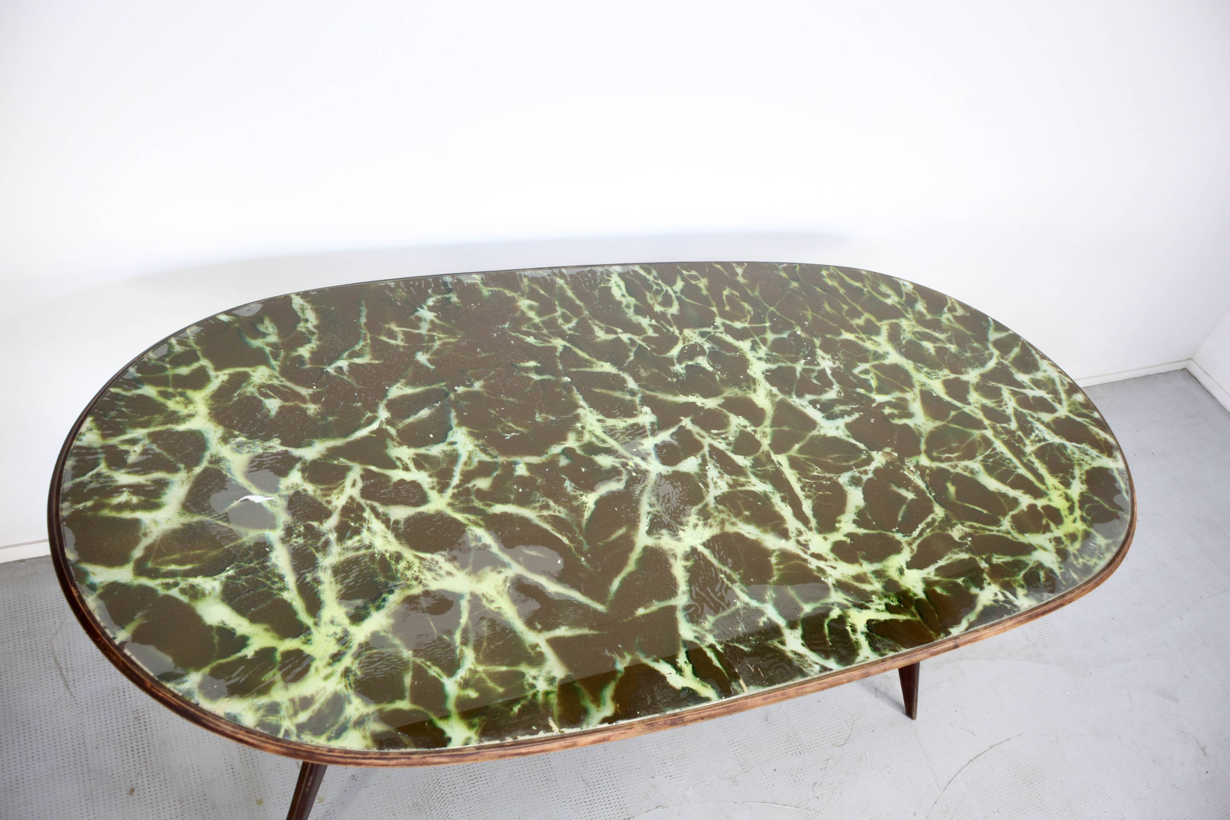 Midcentury Italian Oblong Marble Effect Table With Wood Base.