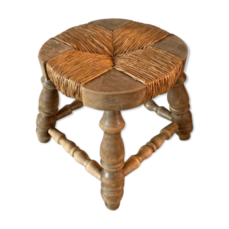 French stool / Farmhouse stool / wood and straw / 60s / Charlotte Perriand style / Mid-