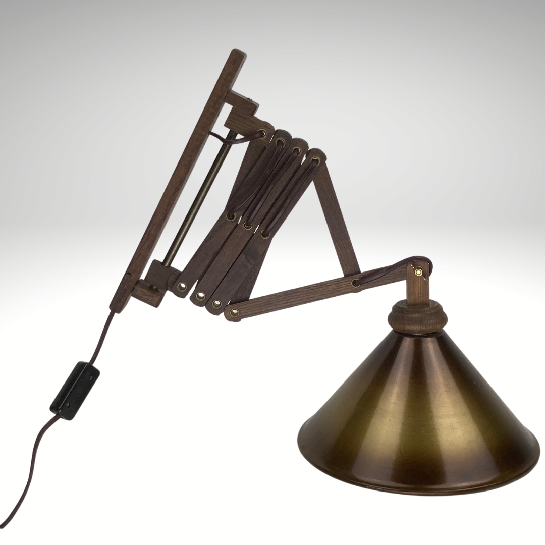 Midcentury wood and brass scissor wall lamp, Dutch 1960s