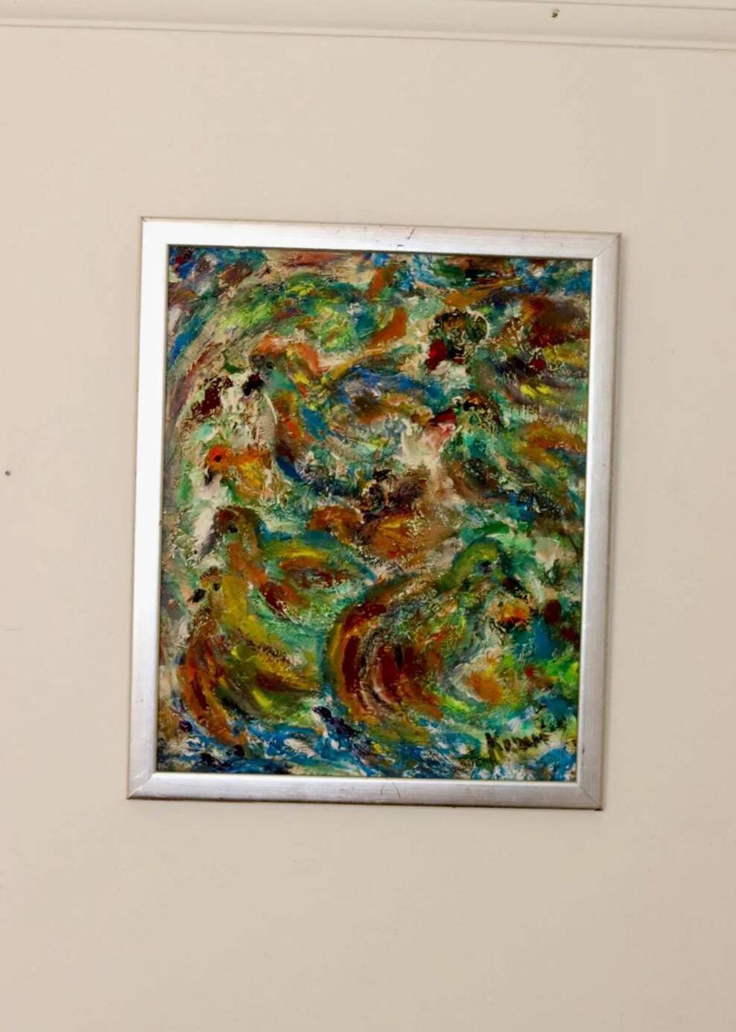 Peinture à l'huile sur panneau originale suédoise du milieu du siècle « Composition - Oiseaux »