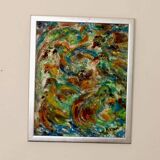 Original Swedish mid-century oil on panel painting "Composition- Birds"