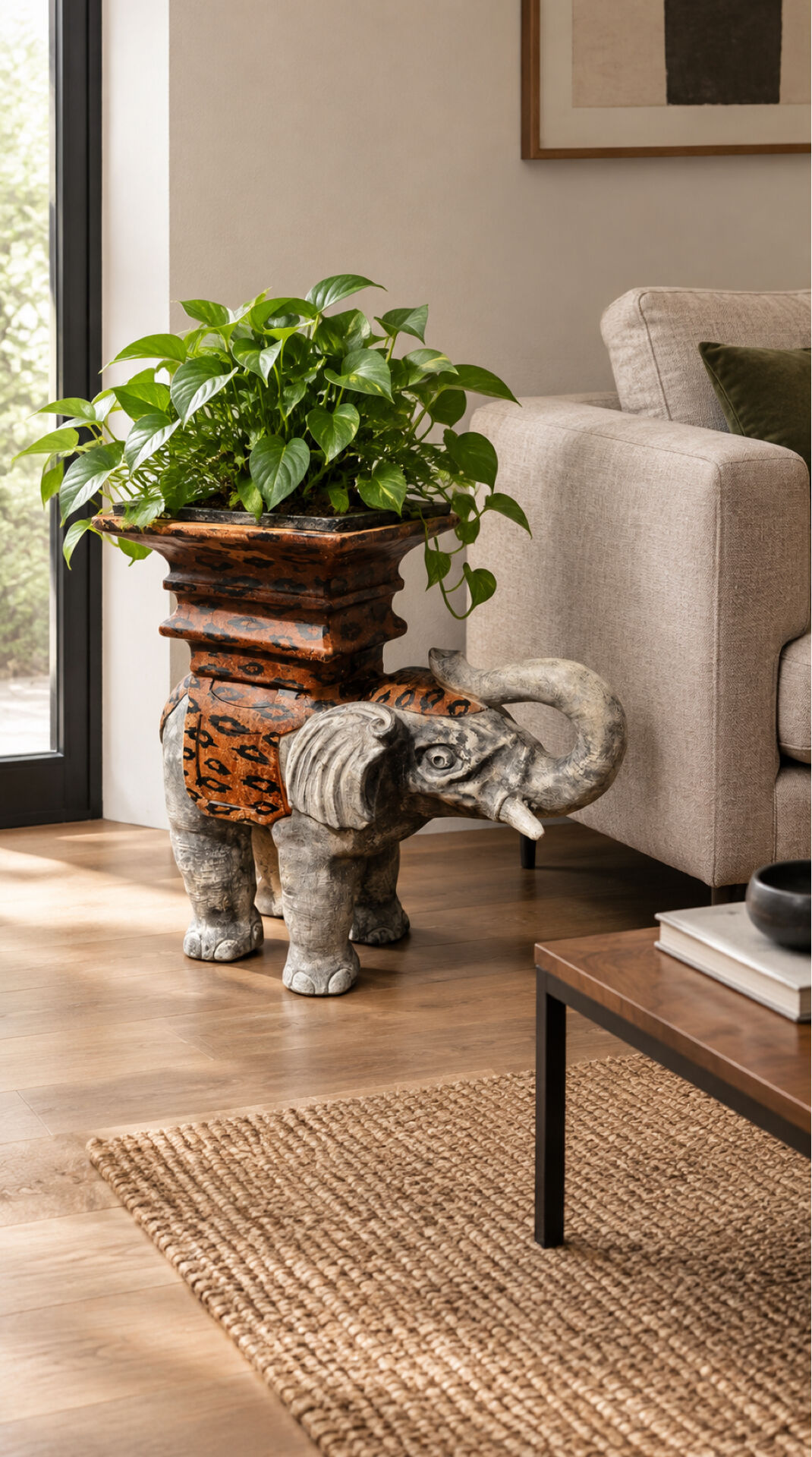 Elephant side table – leopard pattern – Jansen style 1970