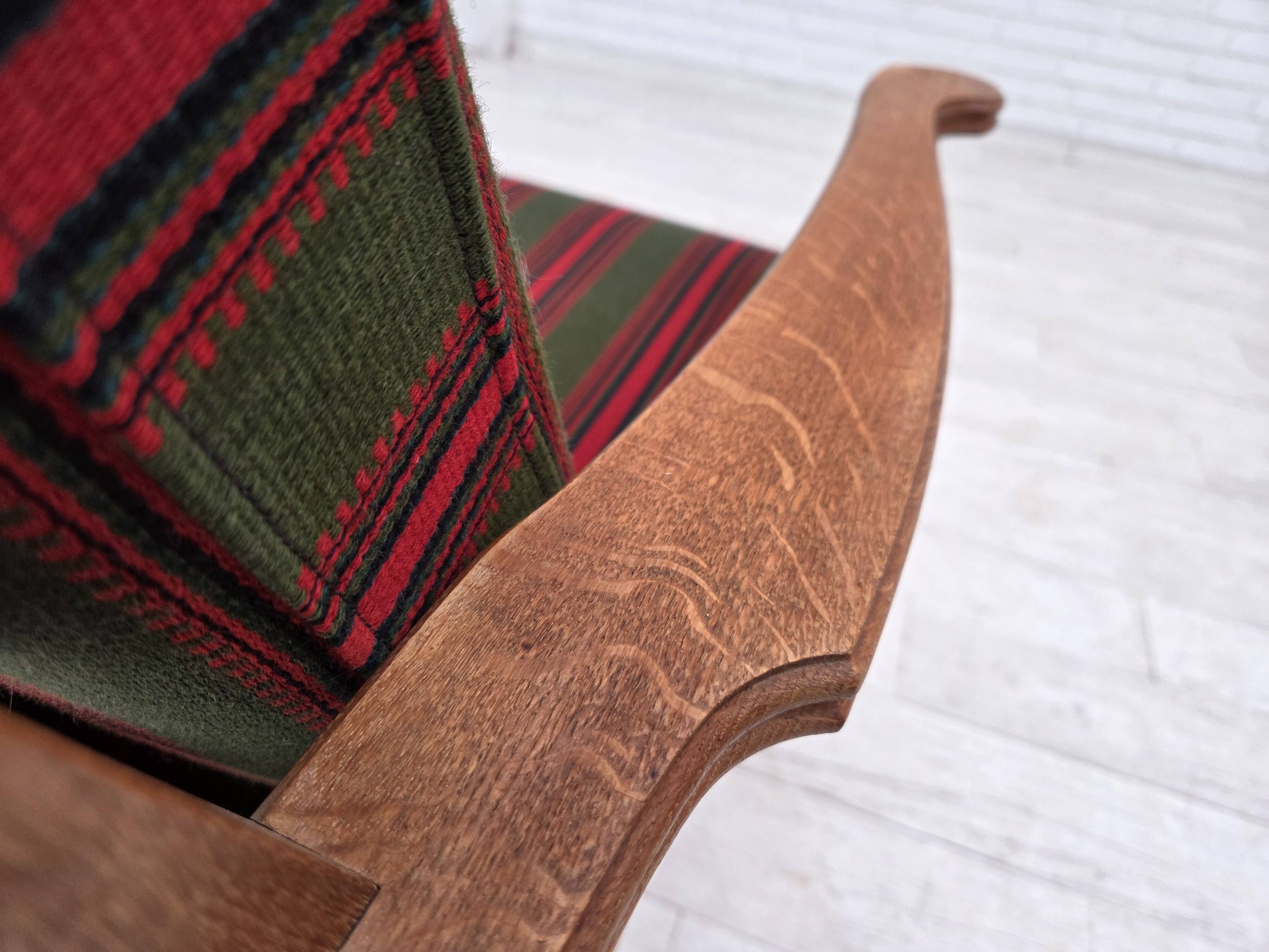 1970s, Danish armchair, green furniture wool, solid oak wood.