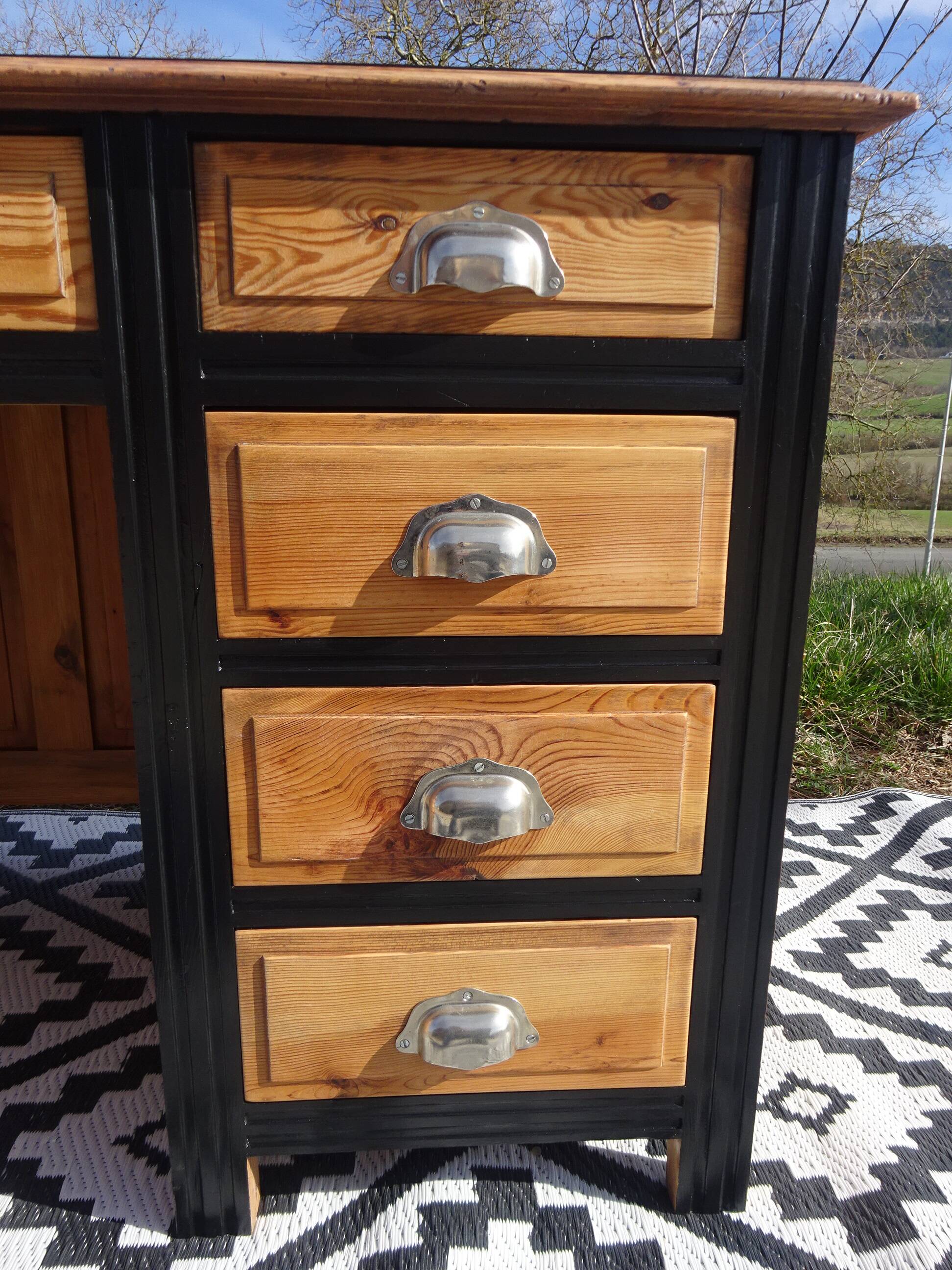 Restored antique pine desk, 9 drawers