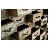 Workshop furniture in patinated solid wood with 56 drawers and 8 lockers