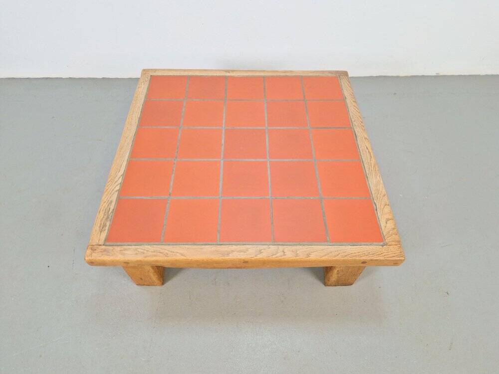 Brutalist Oak Coffee Table with Terracotta Tiles, 1950s