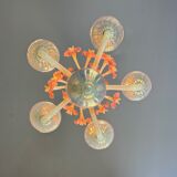 Venetian chandelier, in blue and red Murano glass, five light arms, circa 1950