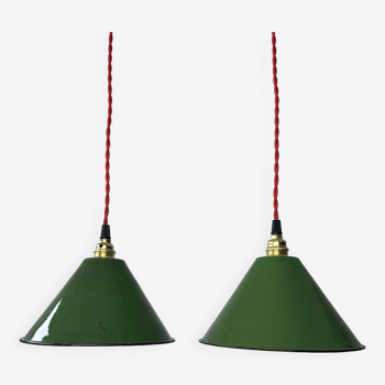 Pair of old enamelled conical industrial pendants