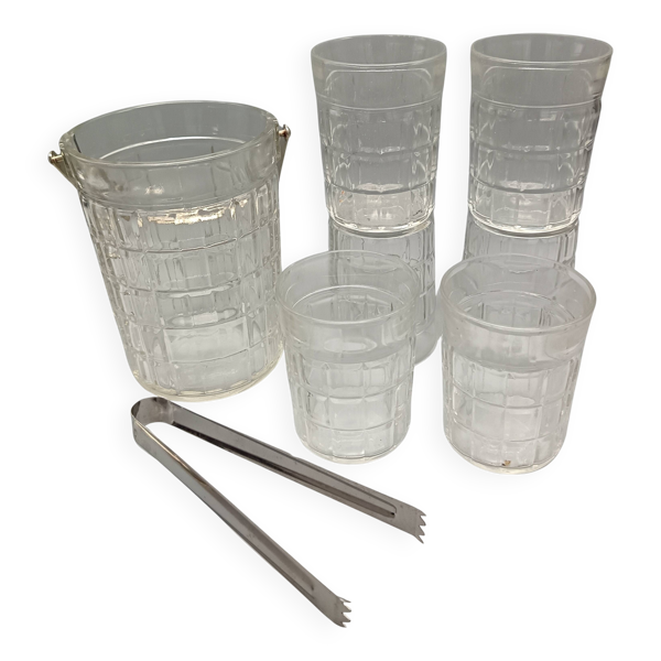 Service whisky 6 verres, sceau à glaçons assorti et pince, vintage 1970/80