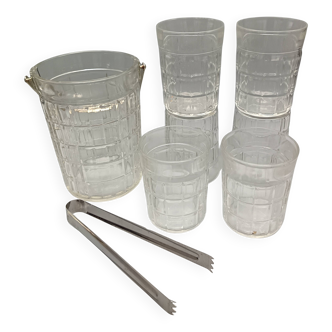 Whisky service 6 glasses, matching ice bucket and tongs, vintage 1970/80