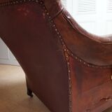 Worn Leather Buttoned Library Fireside Armchair, 1840's
