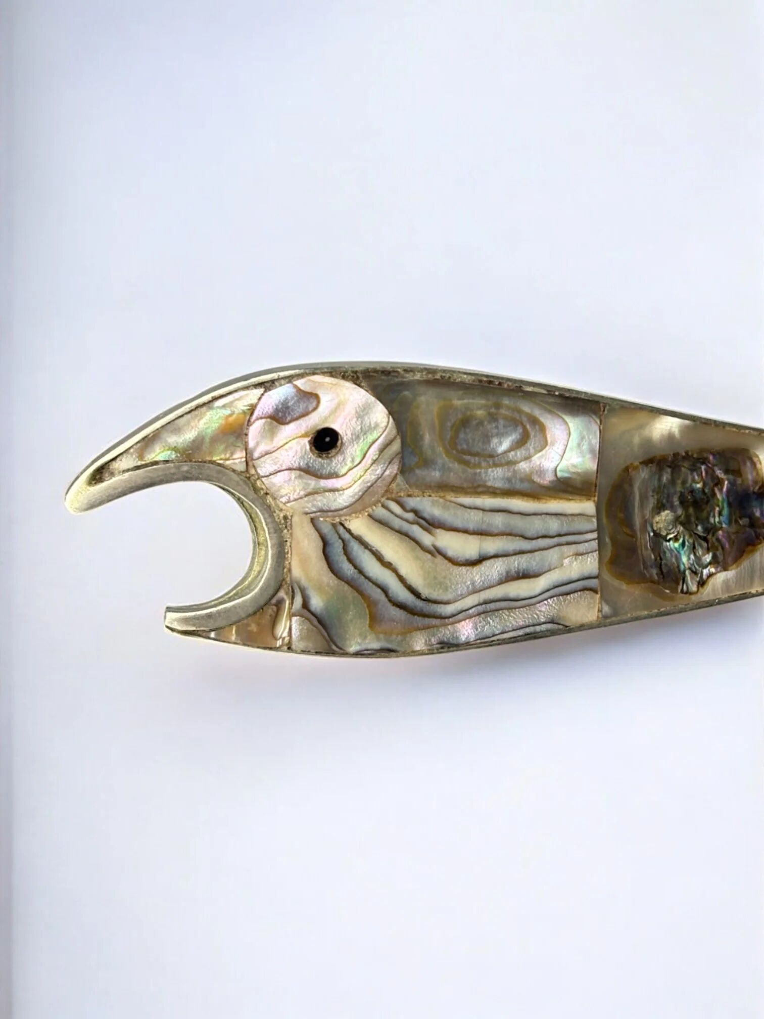 Fish bottle opener, abalone shell & alpaca, Mexico, circa 1980