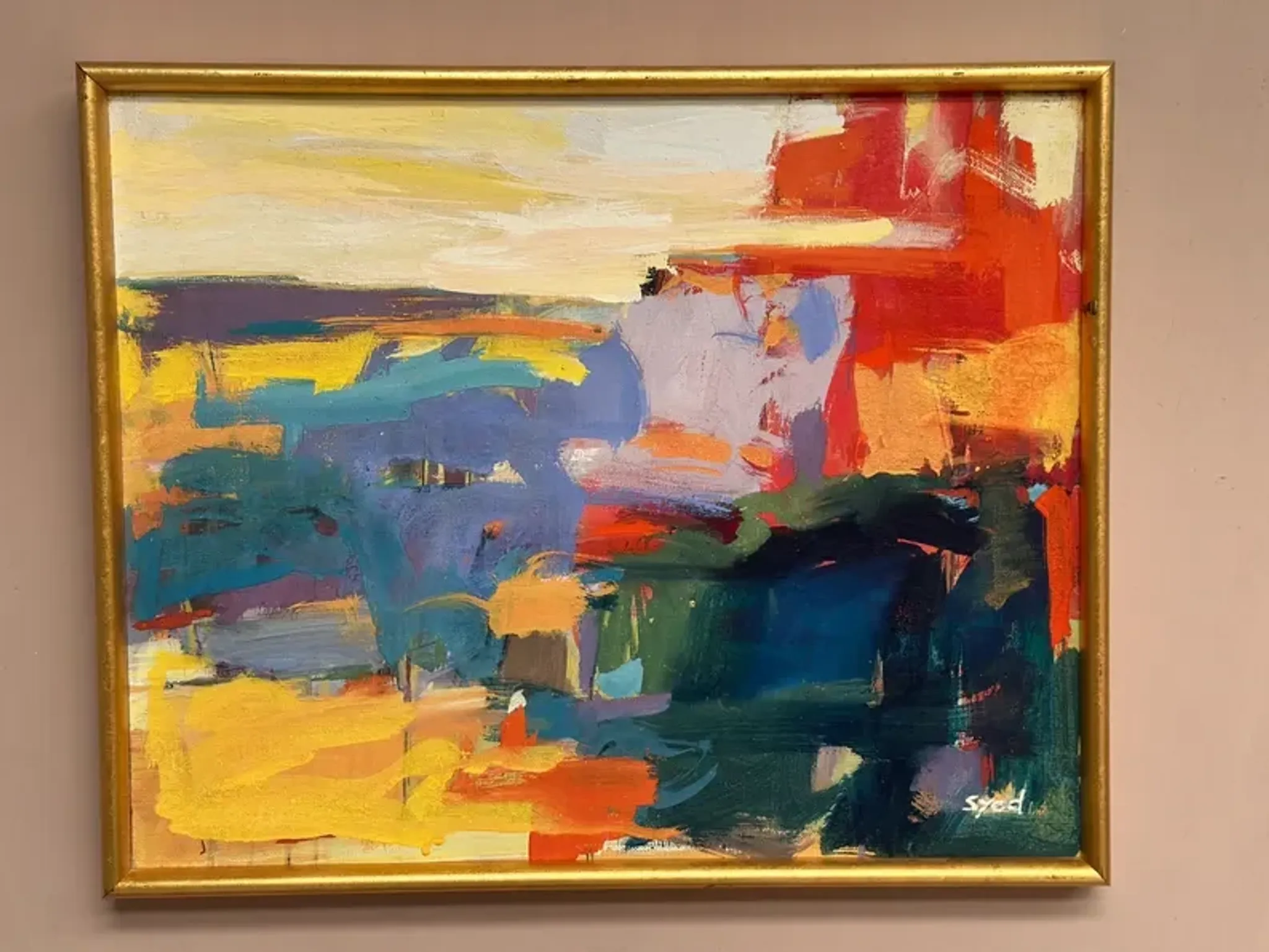Original Oil on Canvas – “Abstract” by Ubaid Syed – Signed – Vintage & Framed – 53 × 43 cm (20.9" × 16.9")