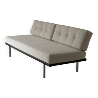 Modernist canapé design – Completely reupholstered in Pierre Frey fabric.