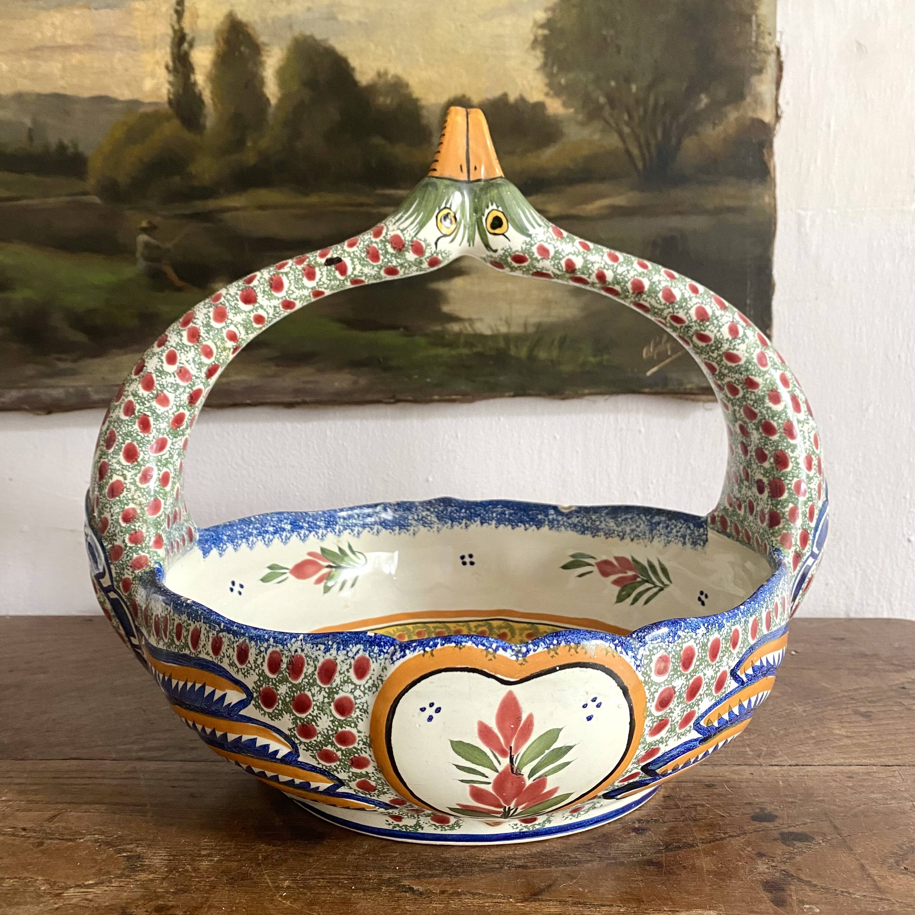Fruit bowl, bird head handle HB Quimper Breton earthenware
