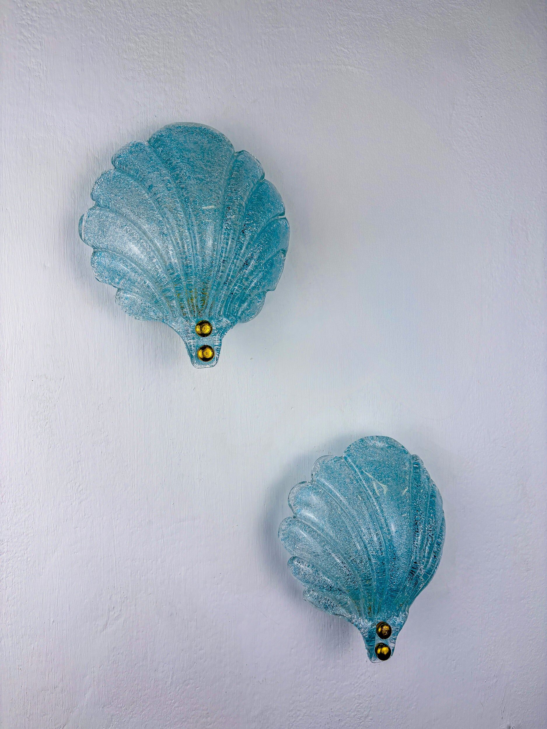 Pair of shell-shaped frosted blue Murano glass wall sconces, Italy, 1970s