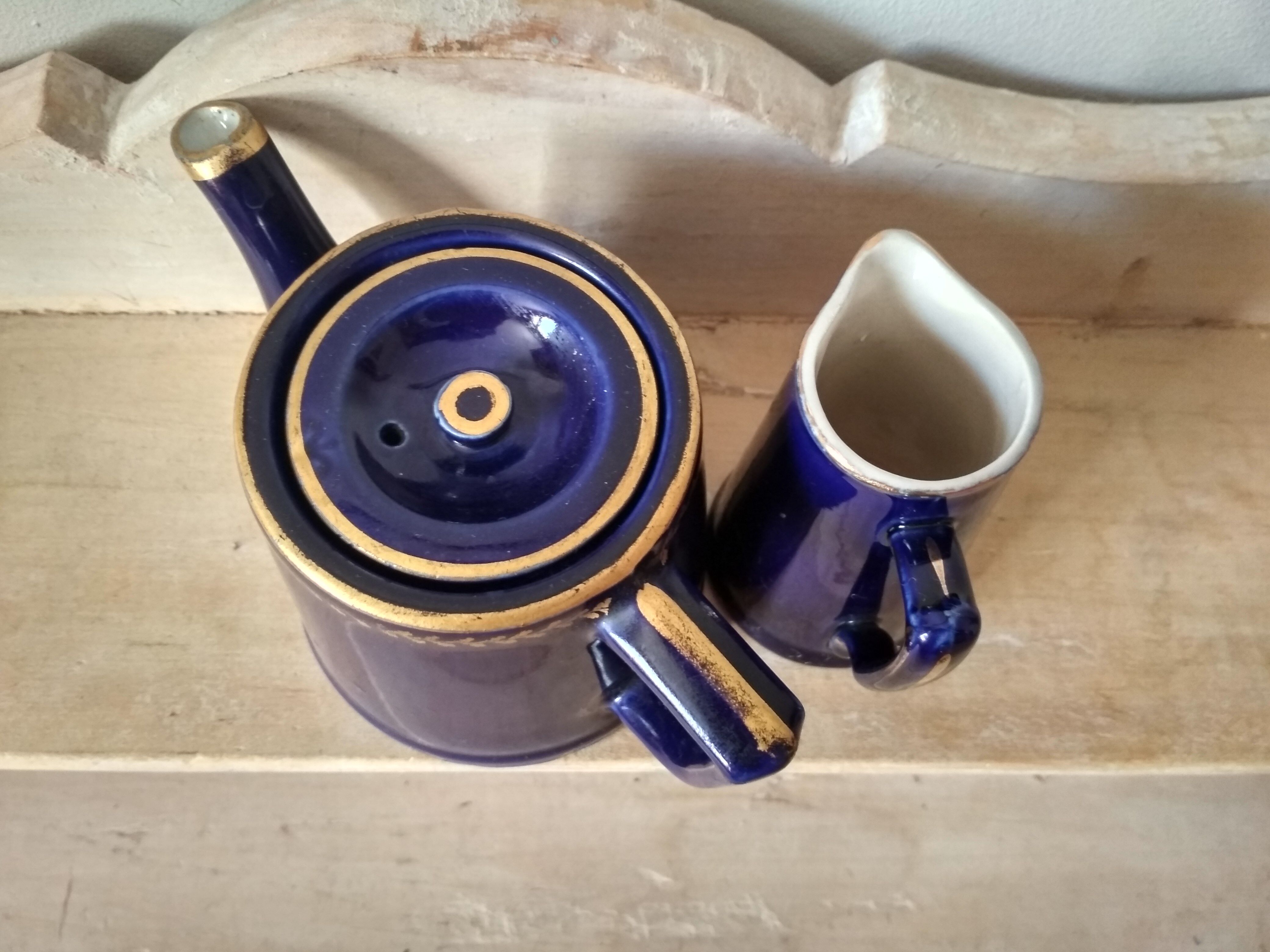 Small blue and gold teapot - milk pitcher - cobalt blue earthenware 1930