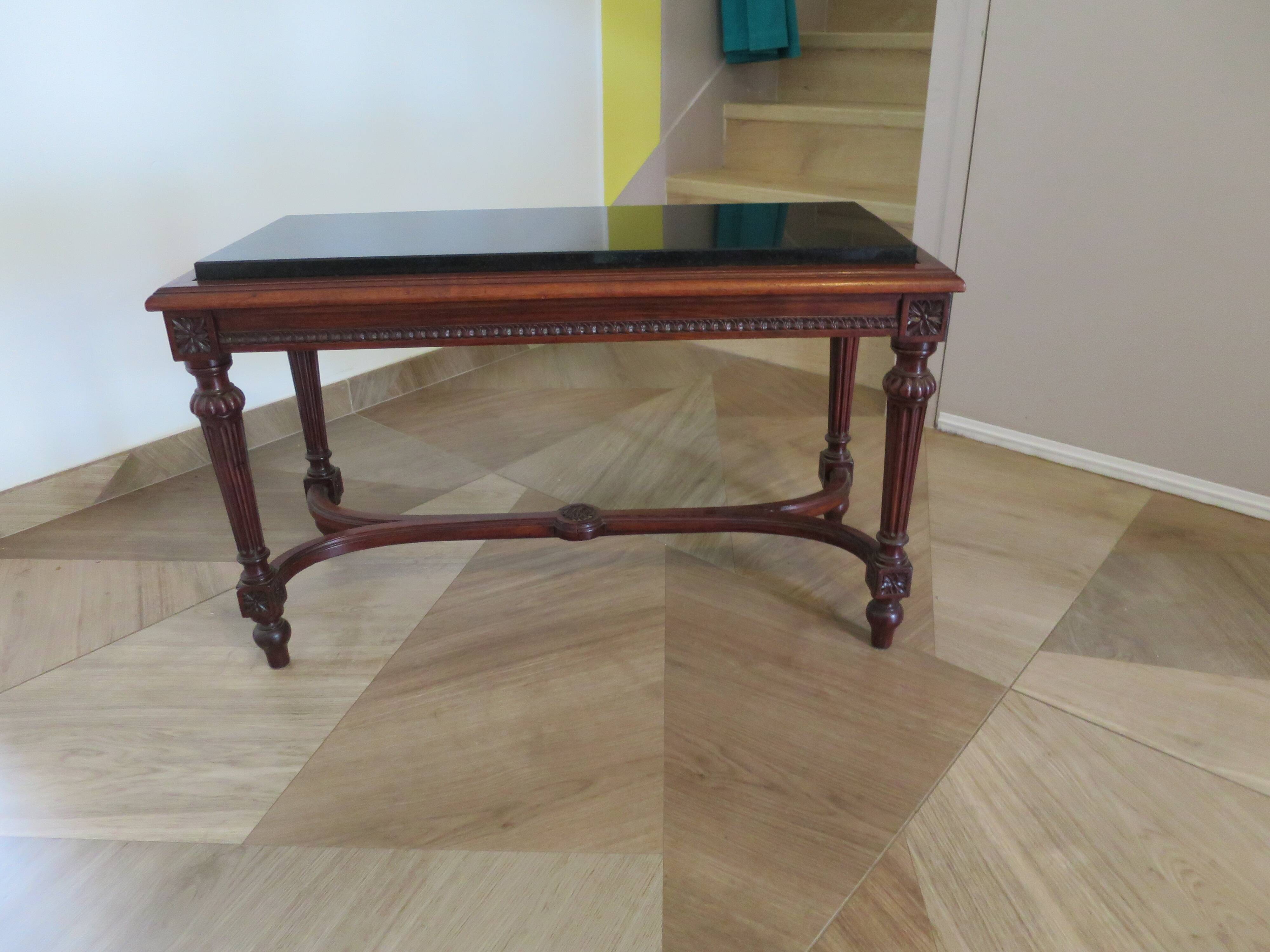 Coffee table - black marble top - Louis XIII style - H-shaped crossbar base