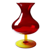 Vase vintage en verre soufflé bullé rouge et jaune, années 1960-1970