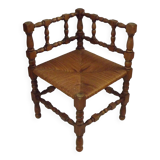 Antique French Turned Wooden Bobbin Chair with Rush Seat