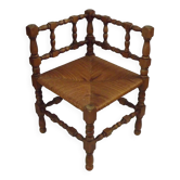 Chaise en bois française antique tournée avec siège en paille
