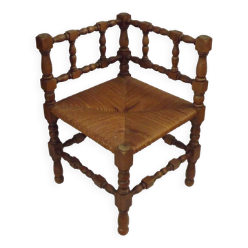 Antique French Turned Wooden Bobbin Chair with Rush Seat