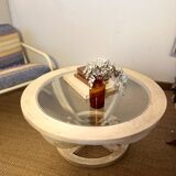 Oval patinated wood and beveled glass coffee table
