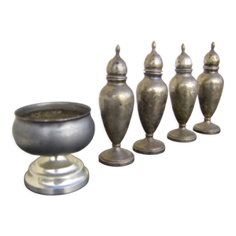 Set of four salt and pepper in silver & a cup