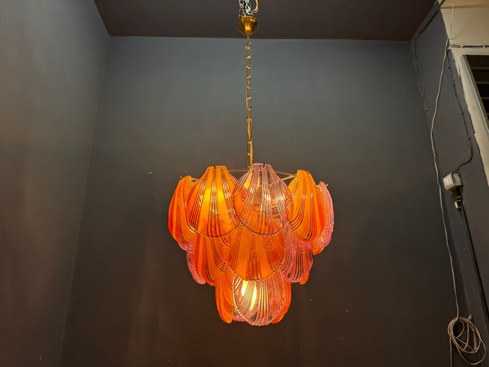 1980s Retro Murano Glass Shell Chandelier in Amber and Lavender, Italy