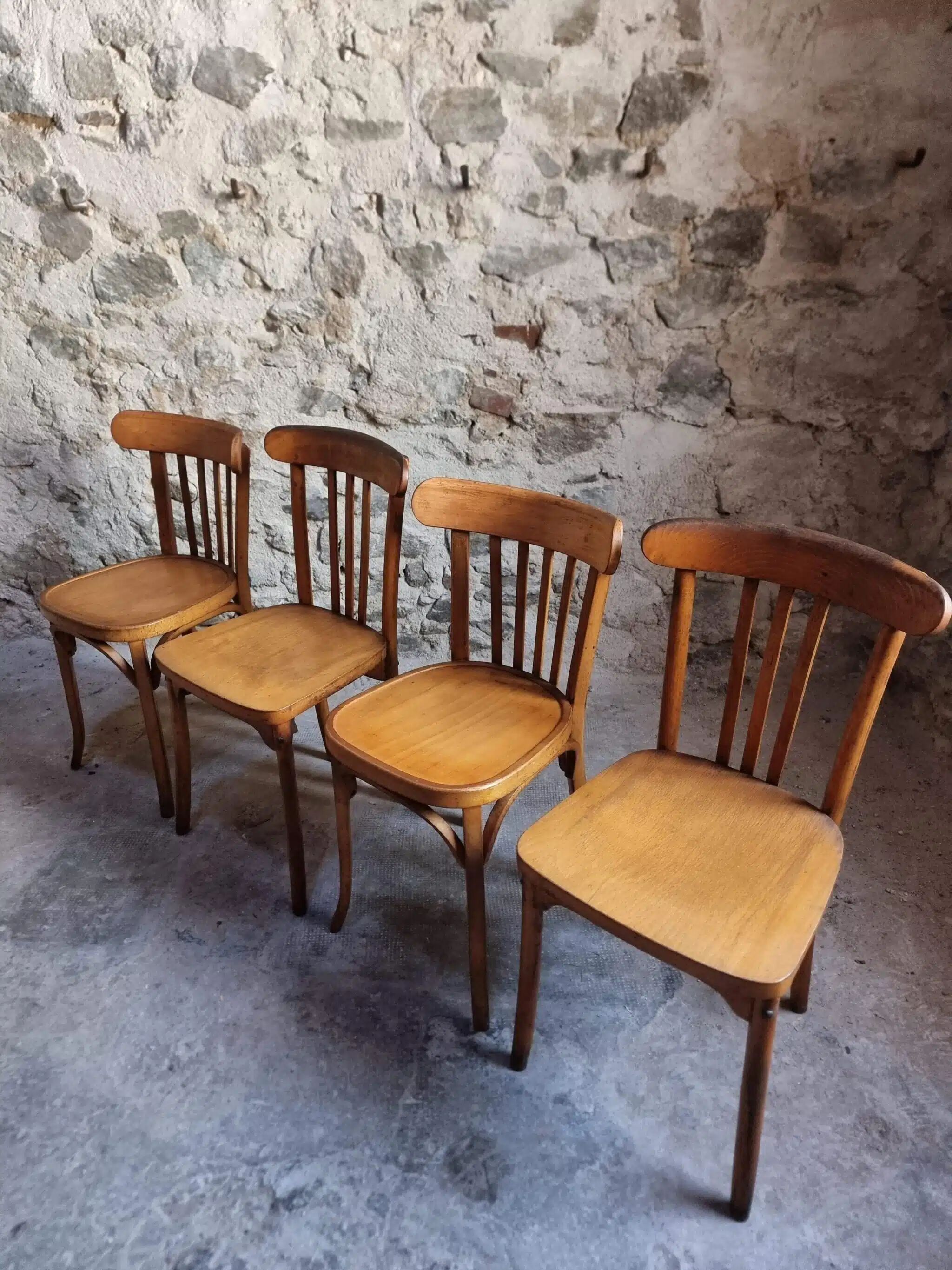 Ensemble vintage de 4 chaises bistrot françaises par Baumann & Luterma, bois de hêtre, années 1950