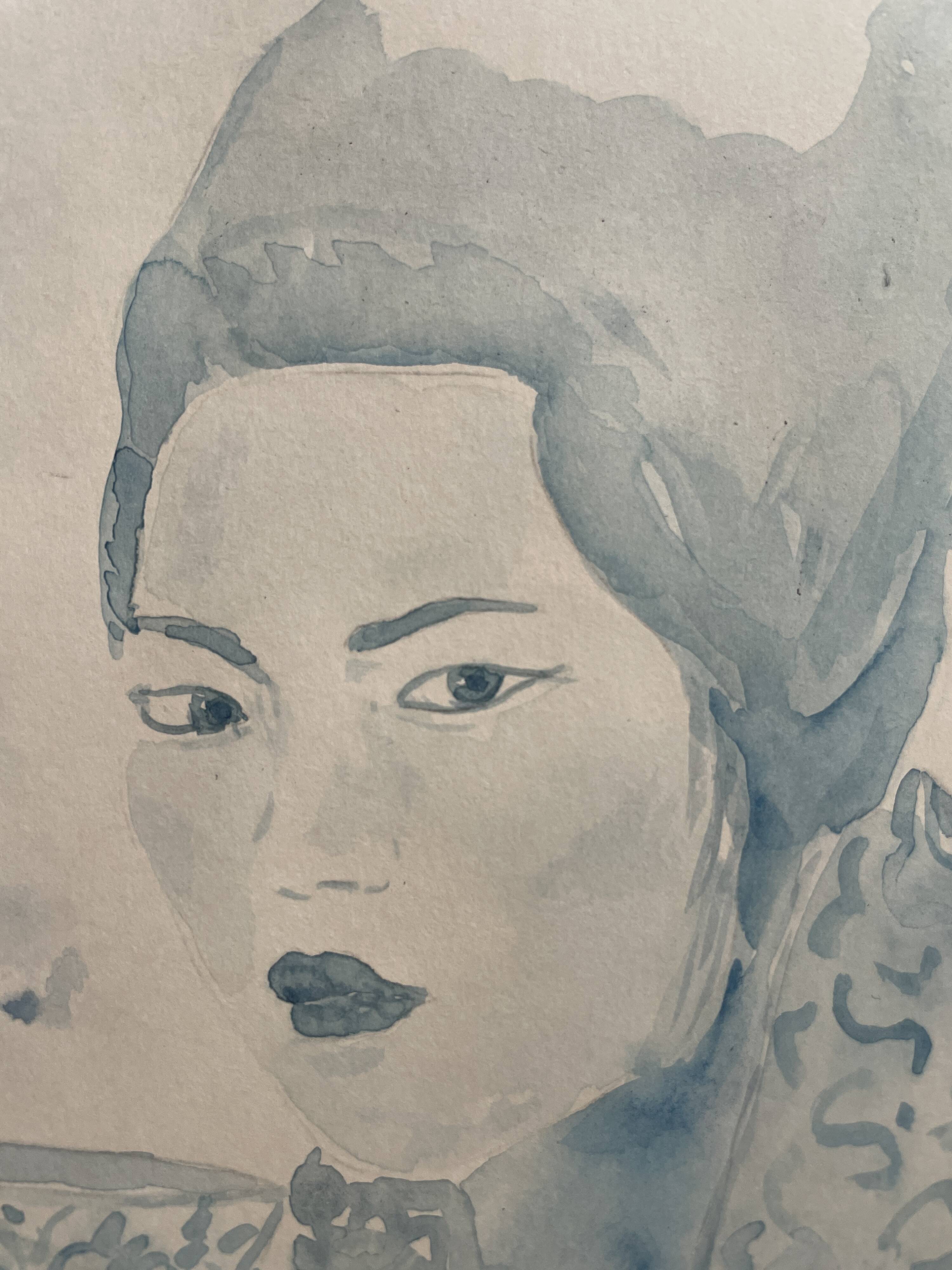 Signed blue watercolor painting “Geisha Tea Time” Japan
