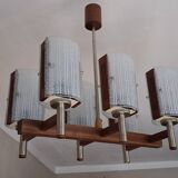 Brutalist teak and art glass chandelier, Italy 1960s