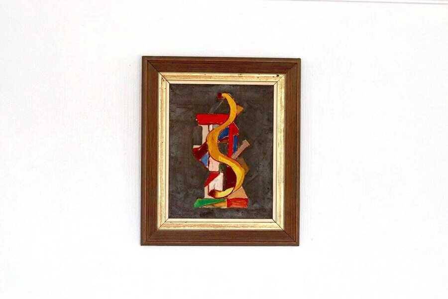 Original mid-century Swedish oil on canvas – “Layers” by Wilhelm Henning – signed & framed – 32 × 39 cm (12.6" × 15.4")