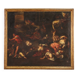 Tableau religieux antique du XVIIe siècle, le massacre des innocents