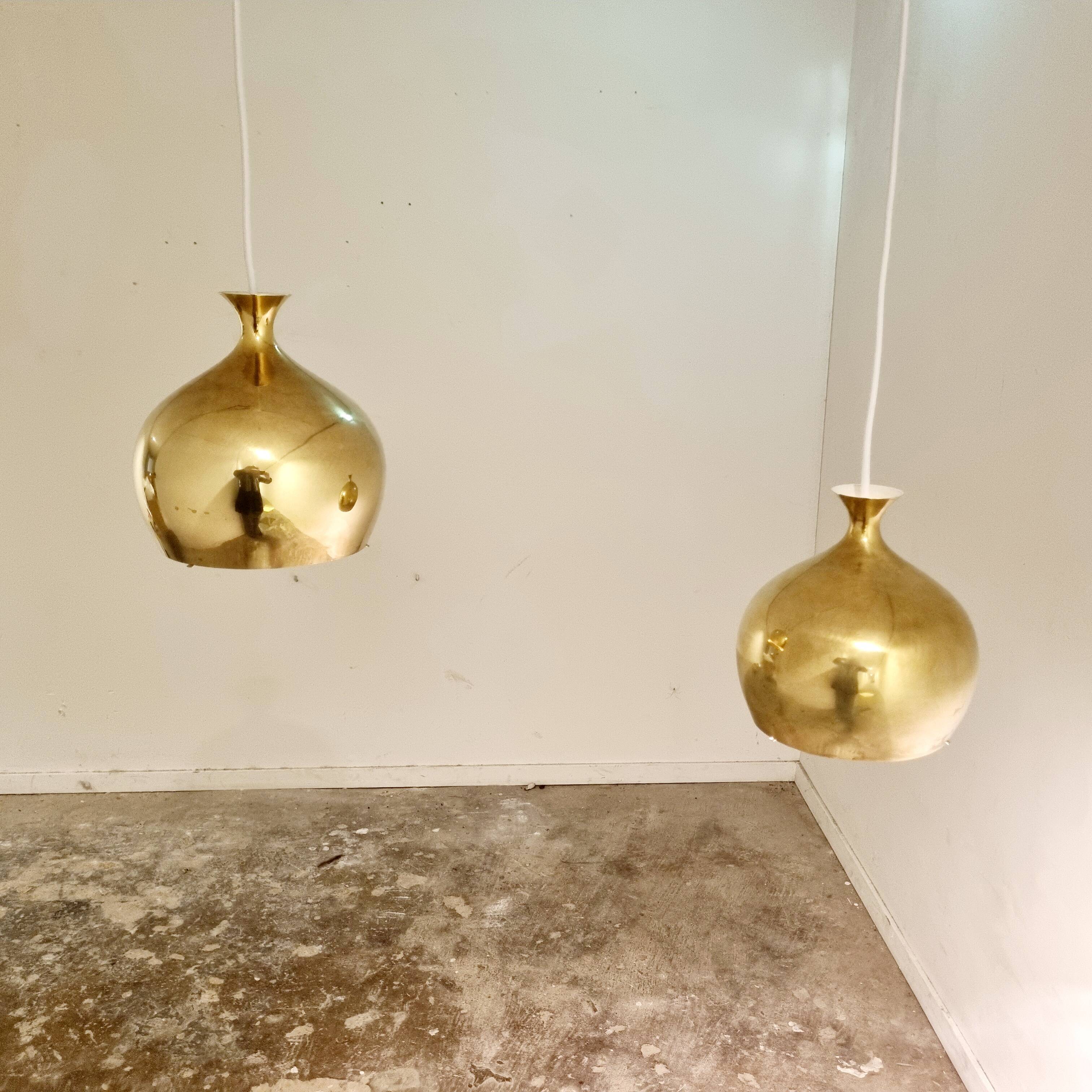 Set of Two Elegant Brass Pendant Lamps Löken by Helge Zimdal for Falkenberg