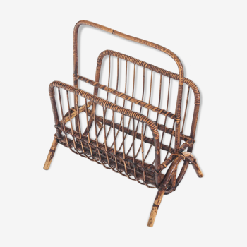 Vintage rattan magazine holder, France 1960